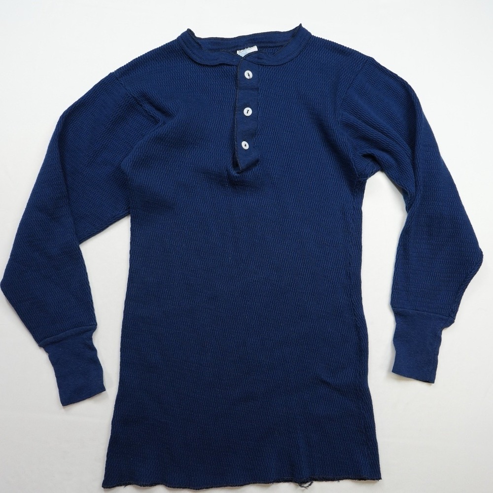 Vintage 70s Sears Sz XL 13.5x26 USA Made Thermal Long Sleeve Navy Waffle Knit